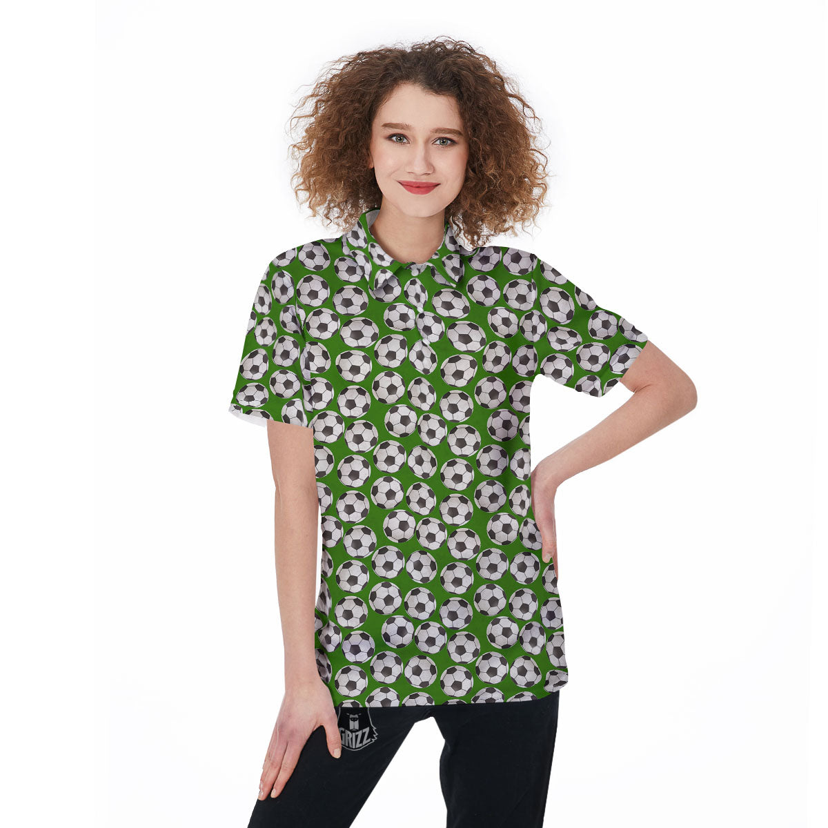 Soccer Ball Green Print Pattern Women's Golf Shirts-grizzshop