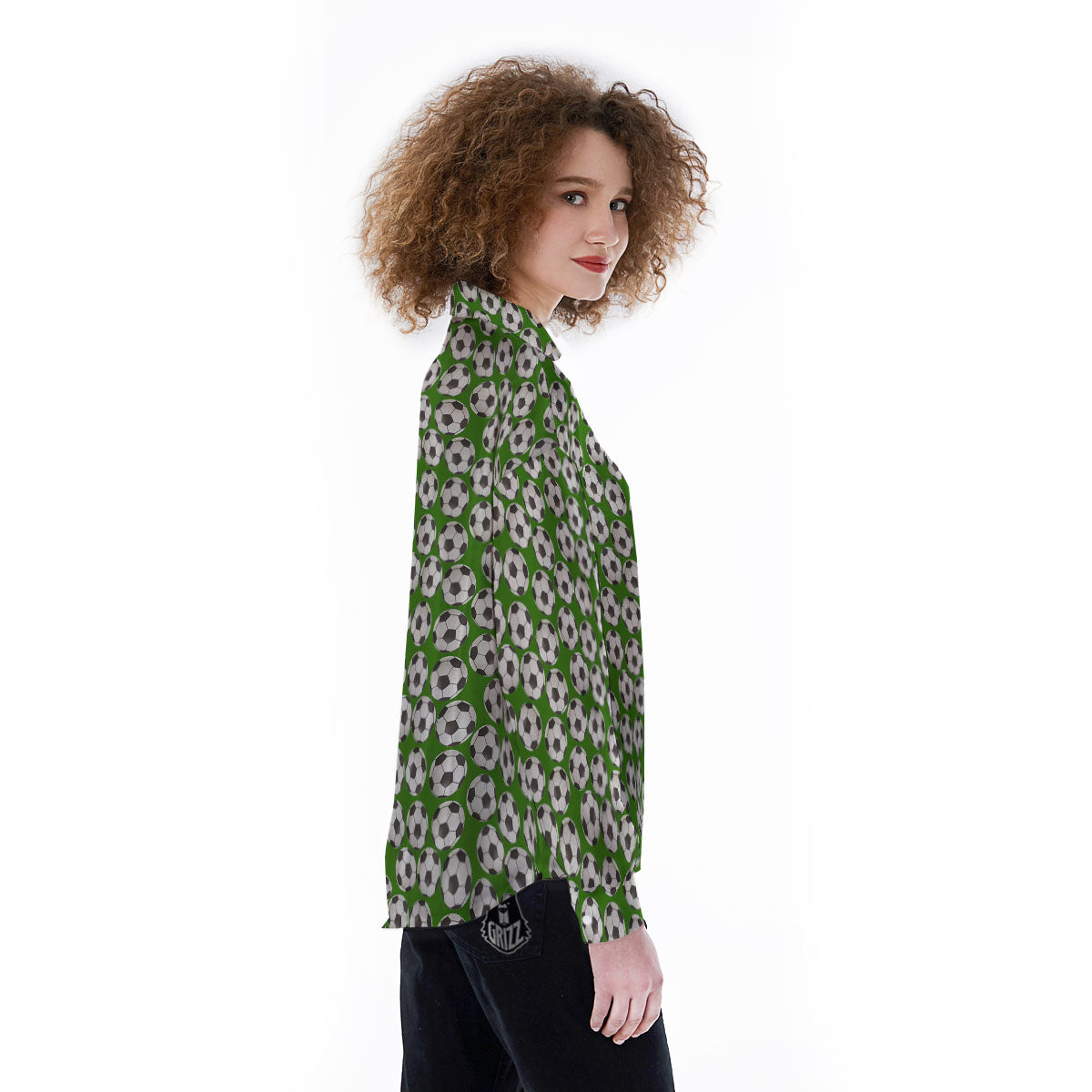Soccer Ball Green Print Pattern Women's Long Sleeve Shirts-grizzshop