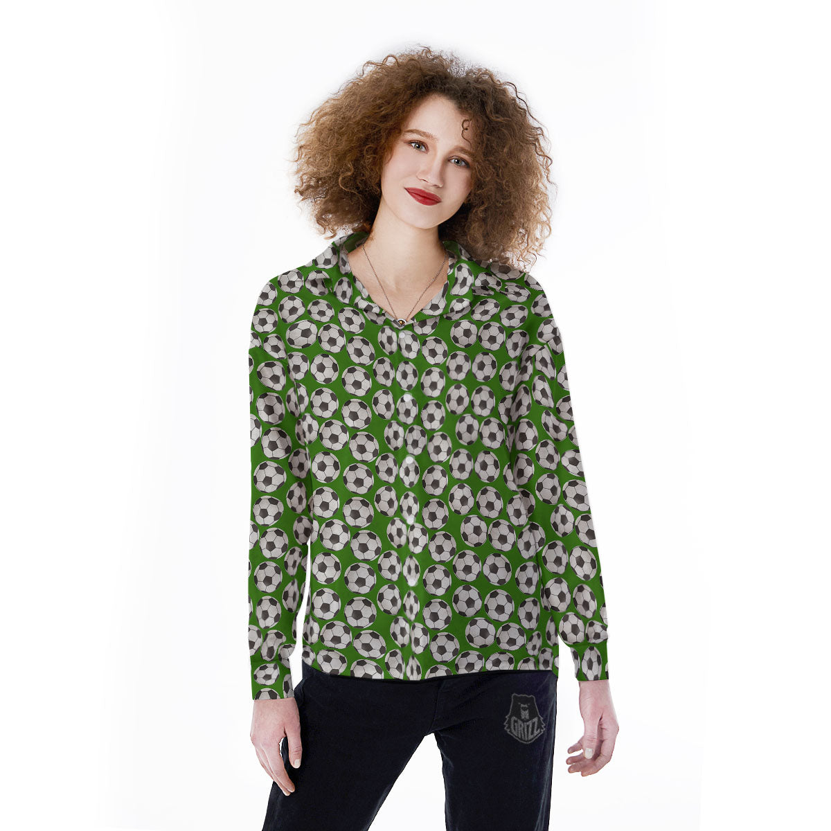 Soccer Ball Green Print Pattern Women's Long Sleeve Shirts-grizzshop