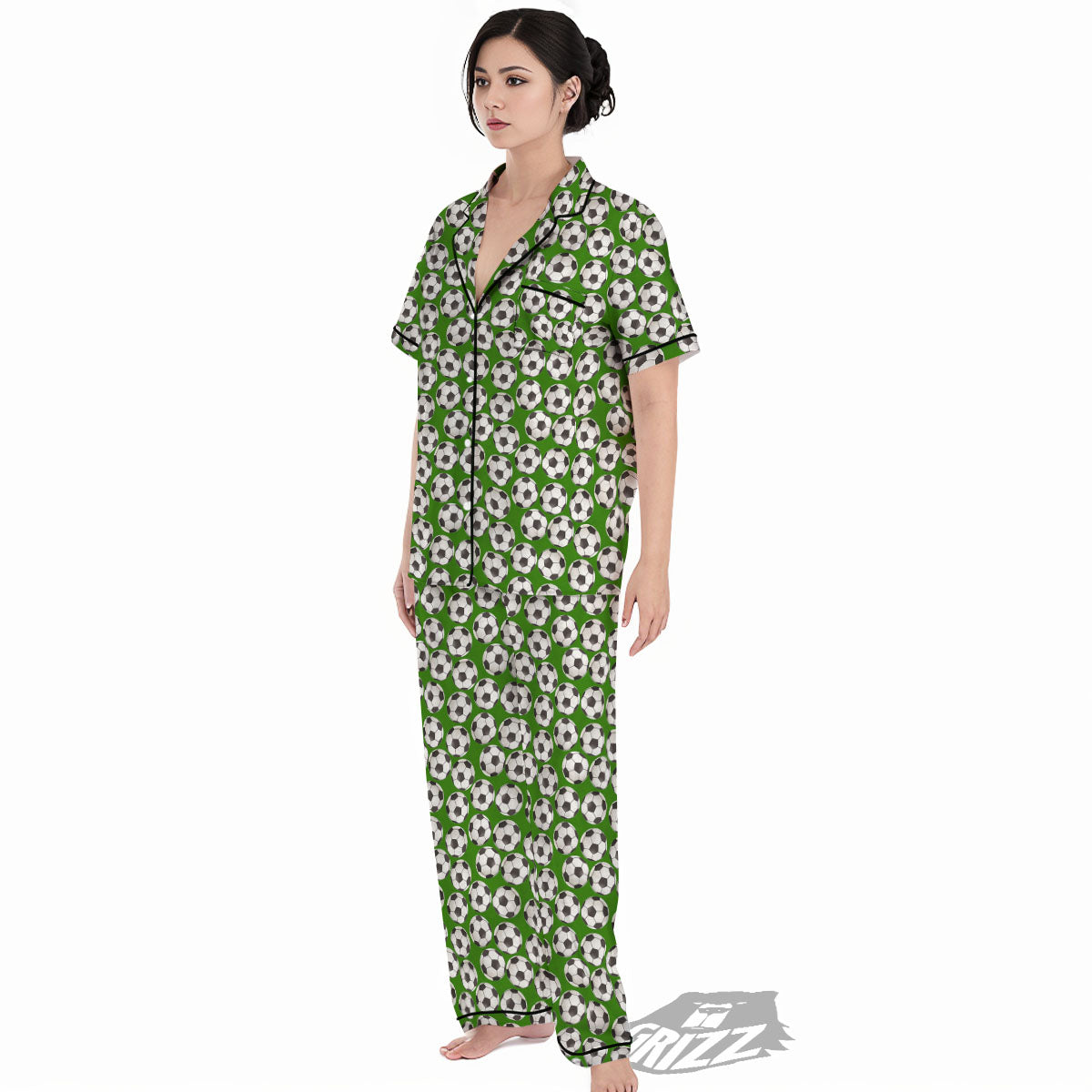 Soccer Ball Green Print Pattern Women's Pajamas Set-grizzshop