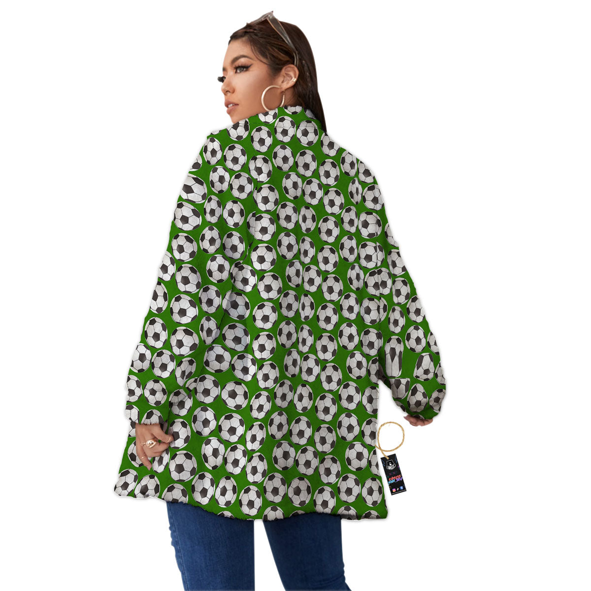 Soccer Ball Green Print Pattern Women's Sherpa Jacket-grizzshop