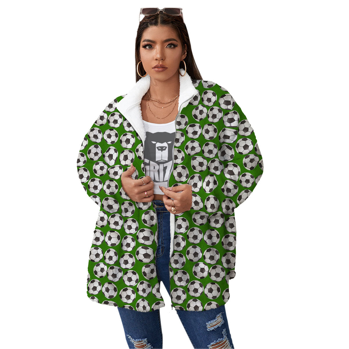 Soccer Ball Green Print Pattern Women's Sherpa Jacket-grizzshop