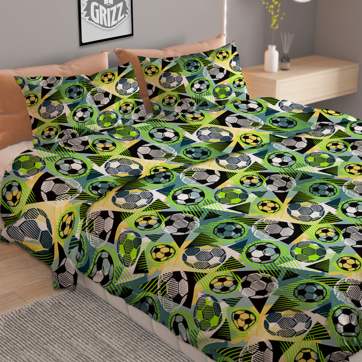 Soccer Ball Grunge Print Pattern Duvet Cover Bedding Set