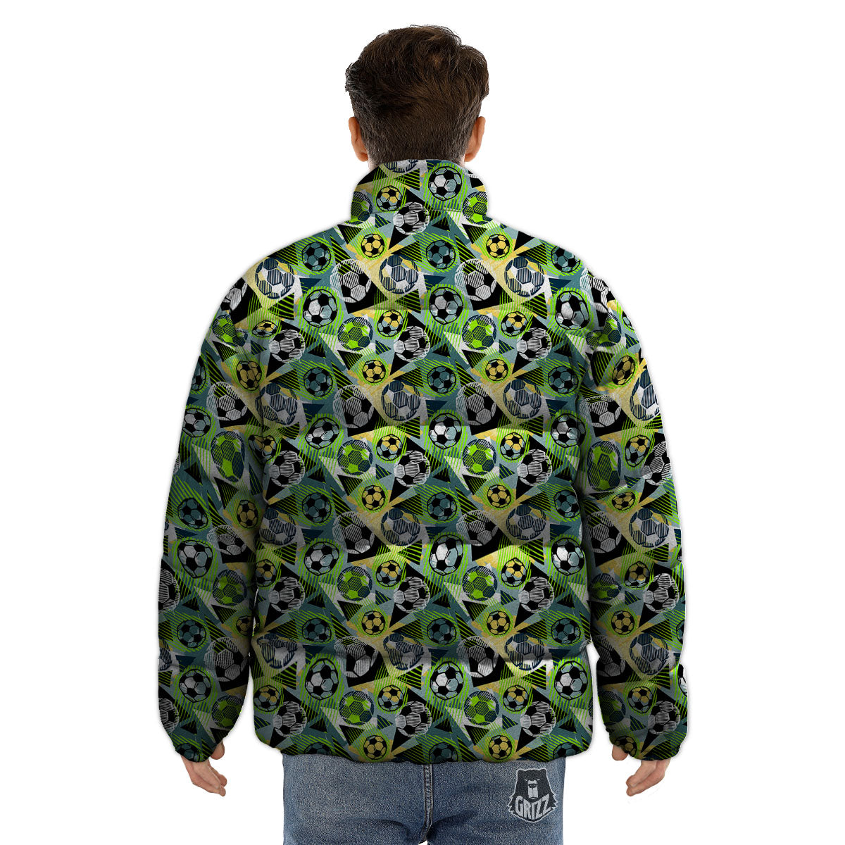 Soccer Ball Grunge Print Pattern Puffer Jacket-grizzshop