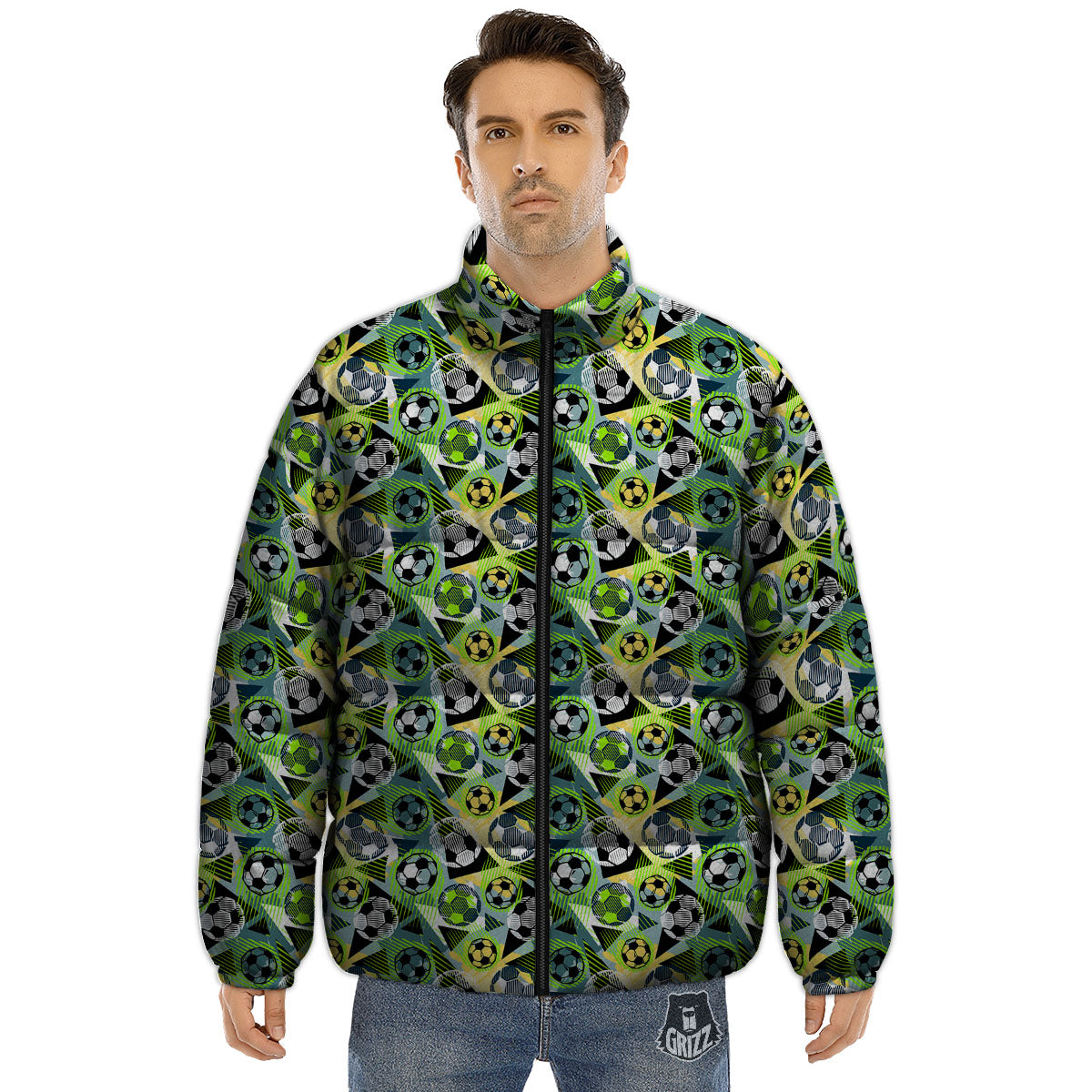 Soccer Ball Grunge Print Pattern Puffer Jacket-grizzshop