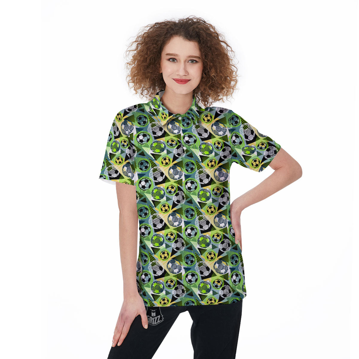Soccer Ball Grunge Print Pattern Women's Golf Shirts-grizzshop