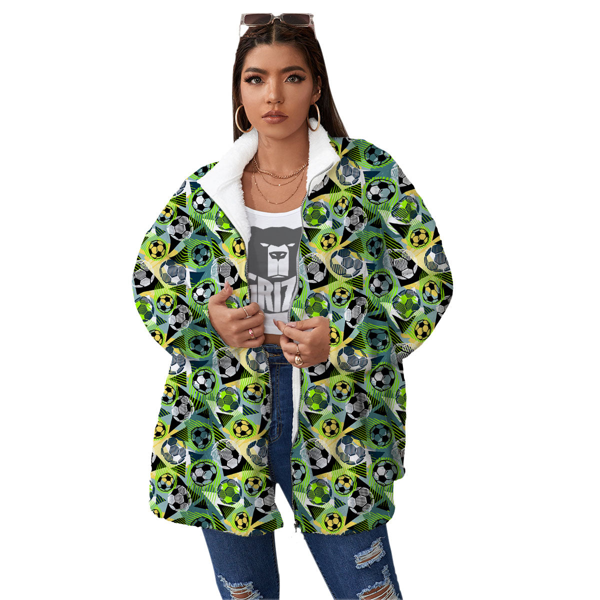 Soccer Ball Grunge Print Pattern Women's Sherpa Jacket-grizzshop