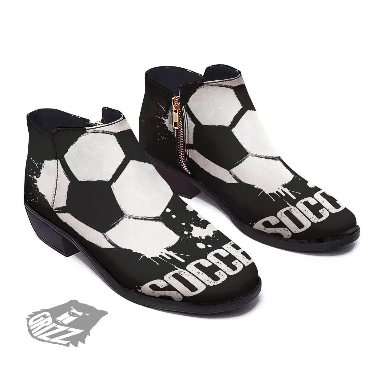 Soccer Ball White And Black Print Ankle Boots-grizzshop
