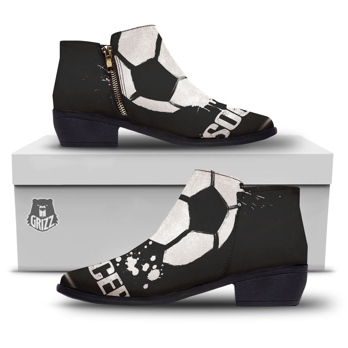 Soccer Ball White And Black Print Ankle Boots-grizzshop