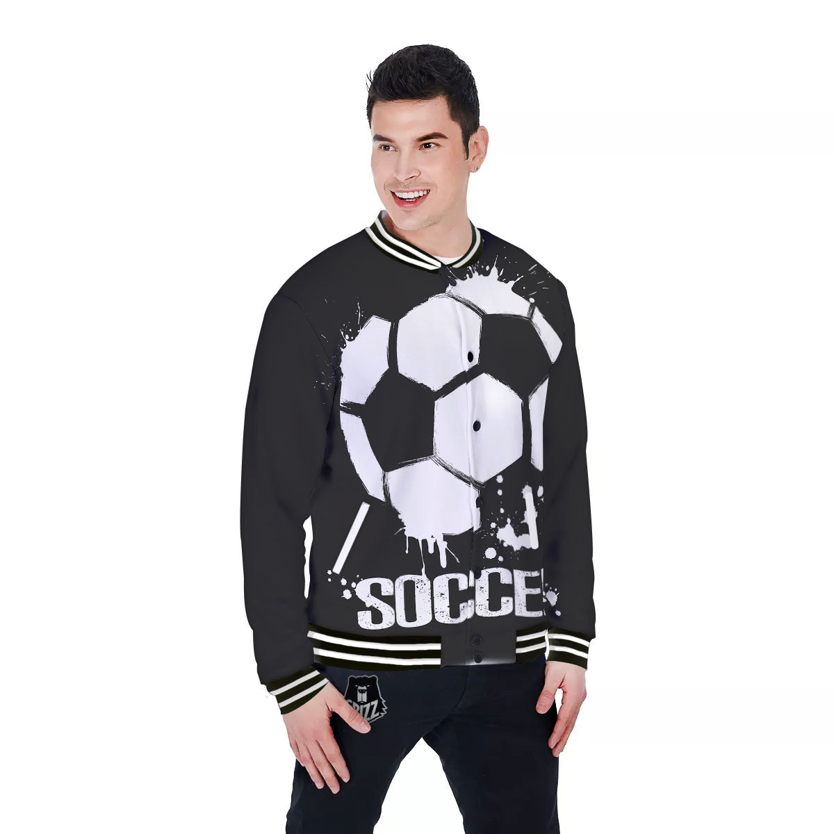 Soccer Ball White And Black Print Baseball Jacket-grizzshop