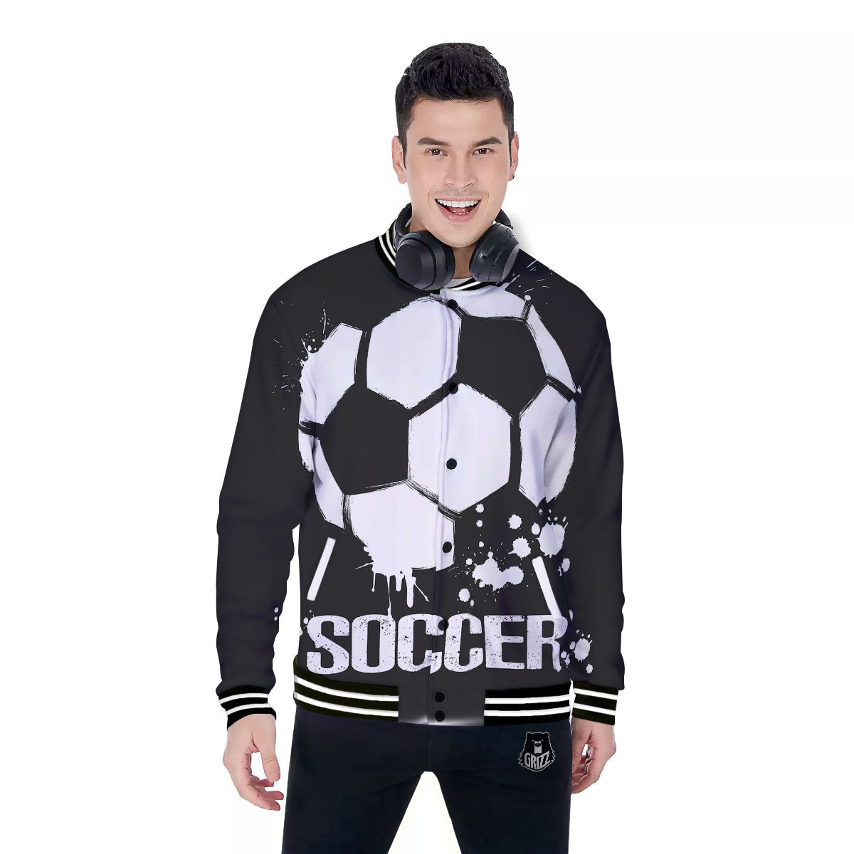 Soccer Ball White And Black Print Baseball Jacket-grizzshop