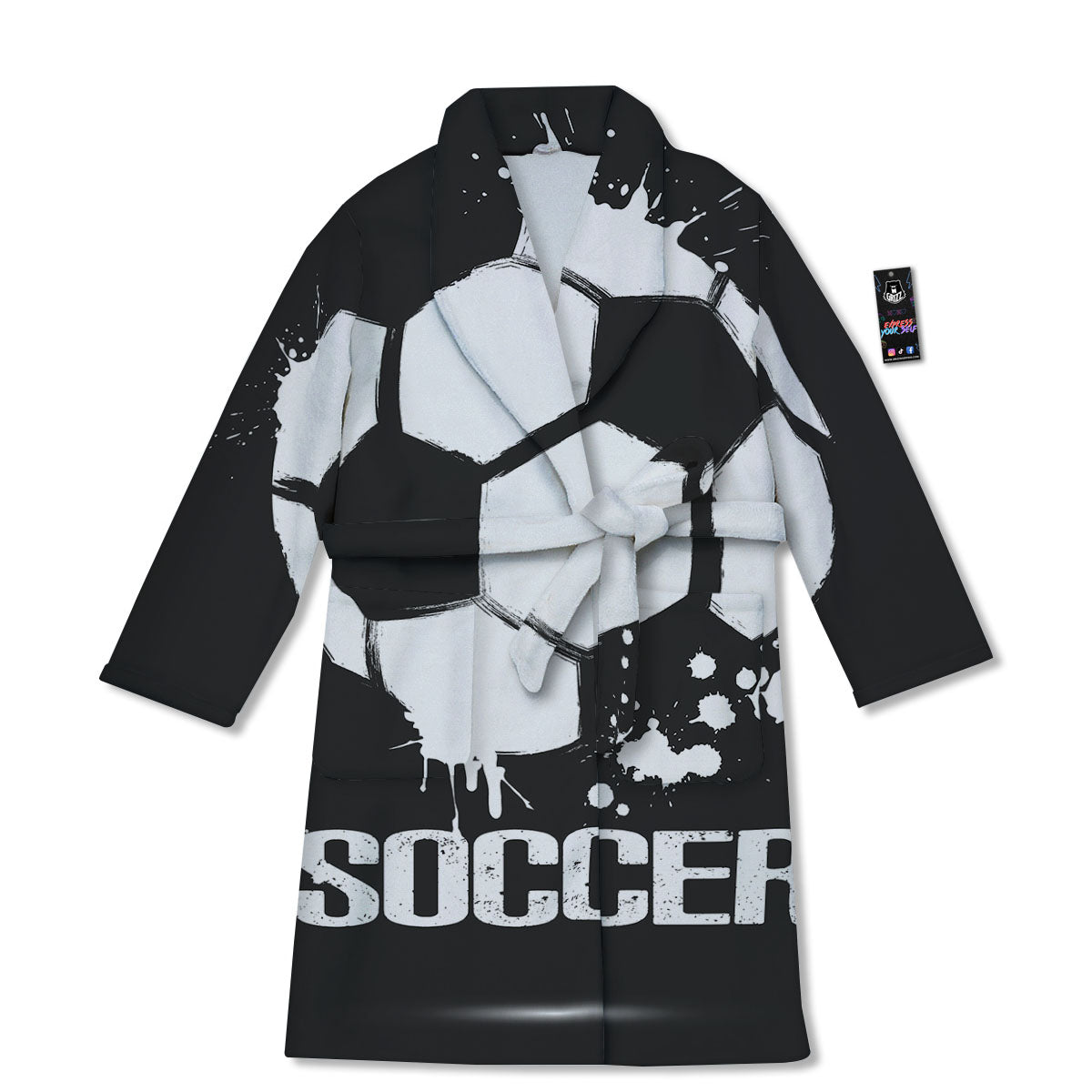 Soccer Ball White And Black Print Bathrobe-grizzshop