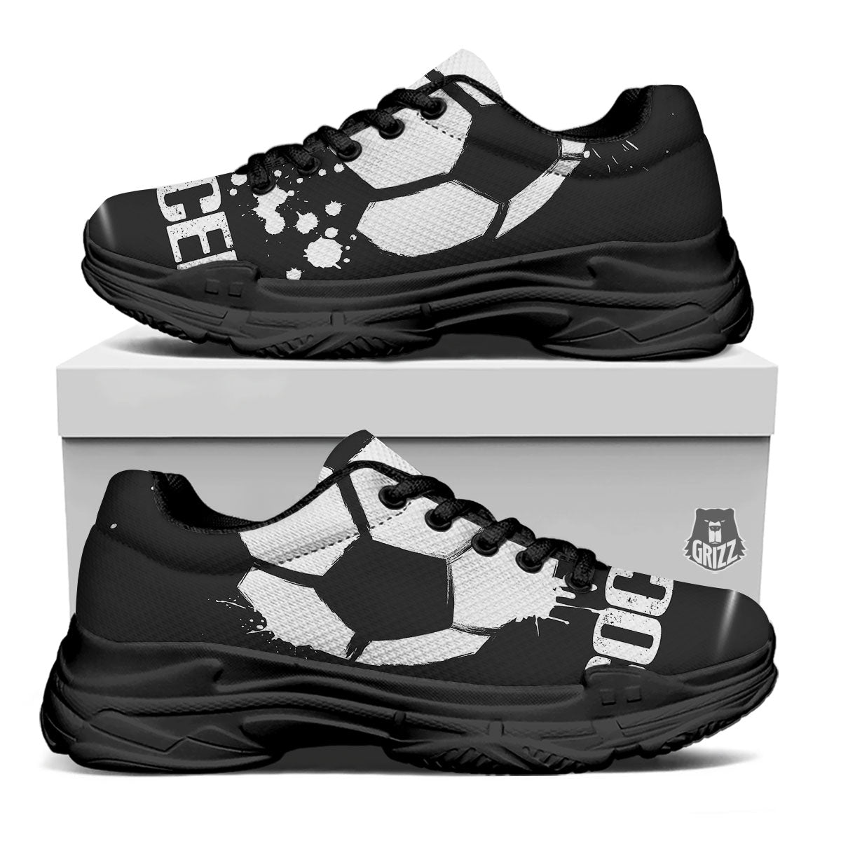 Soccer Ball White And Black Print Black Chunky Shoes-grizzshop