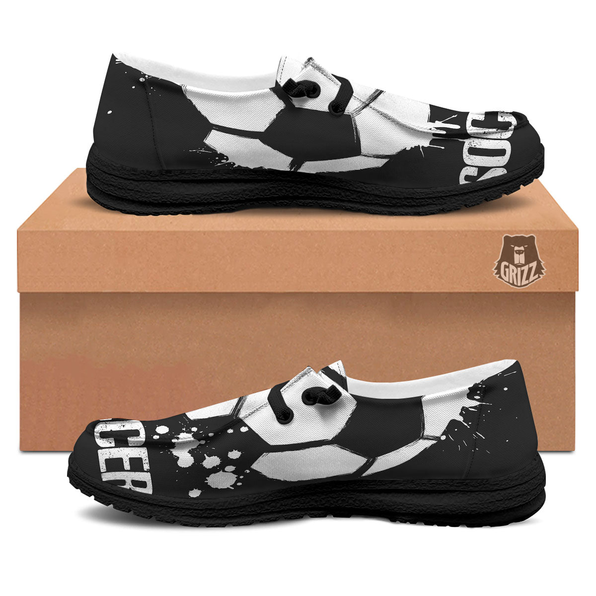 Soccer Ball White And Black Print Black Loafers-grizzshop