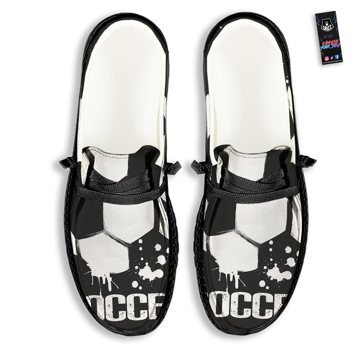 Soccer Ball White And Black Print Black Loafers-grizzshop