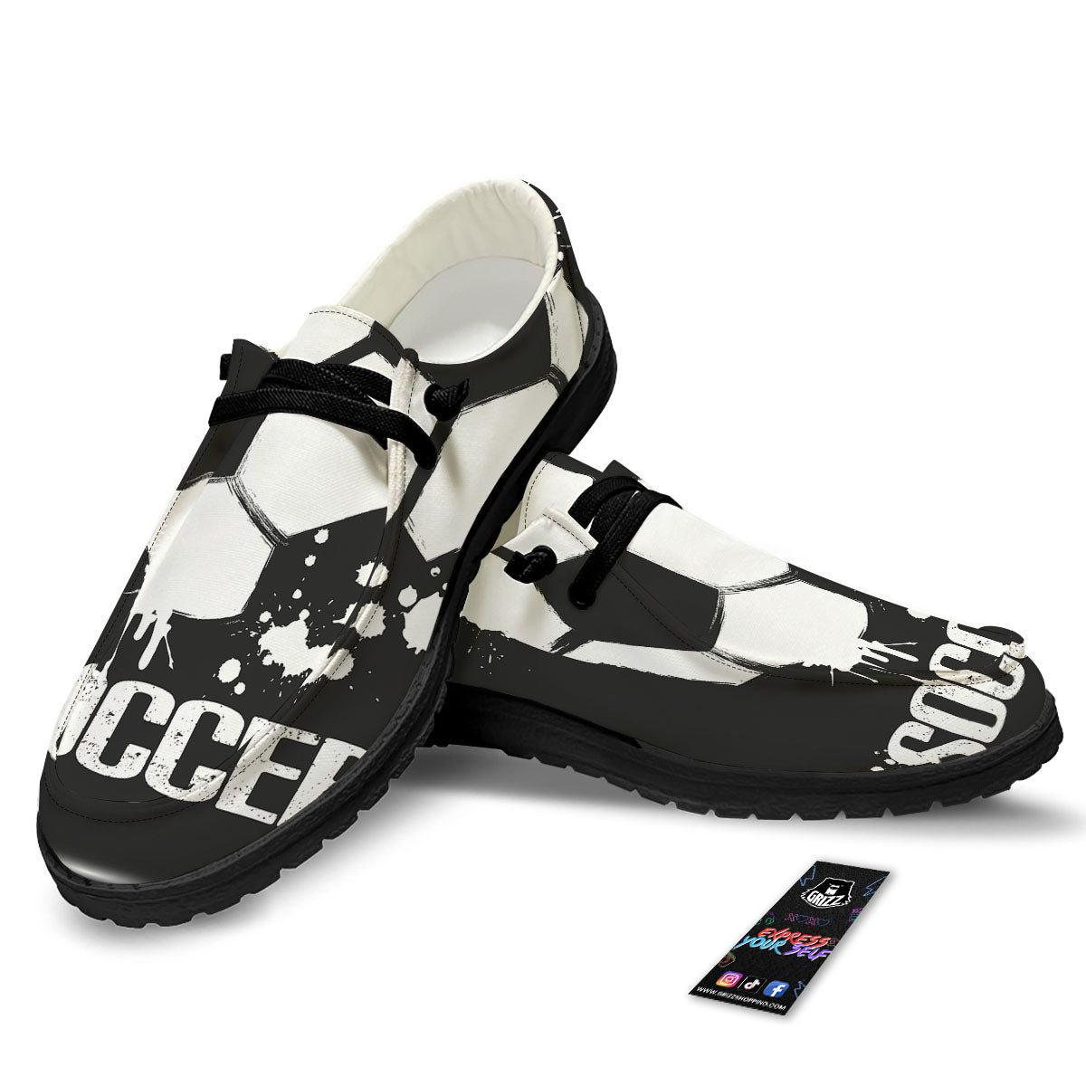 Soccer Ball White And Black Print Black Loafers-grizzshop