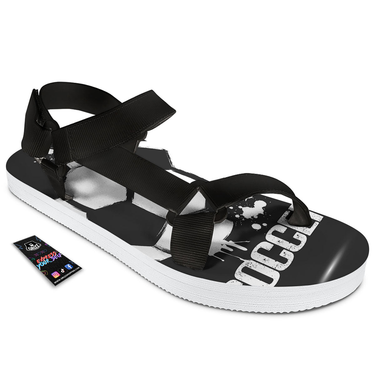 Soccer Ball White And Black Print Black Open Toe Sandals-grizzshop