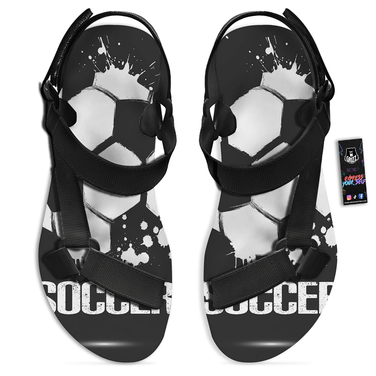 Soccer Ball White And Black Print Black Open Toe Sandals-grizzshop
