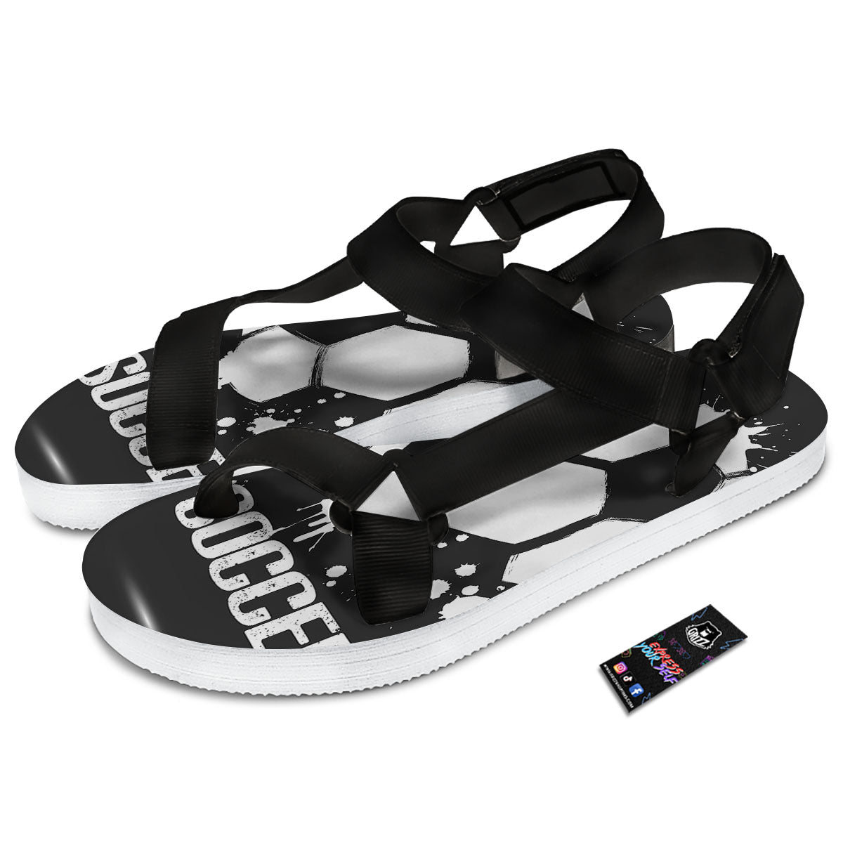 Soccer Ball White And Black Print Black Open Toe Sandals-grizzshop