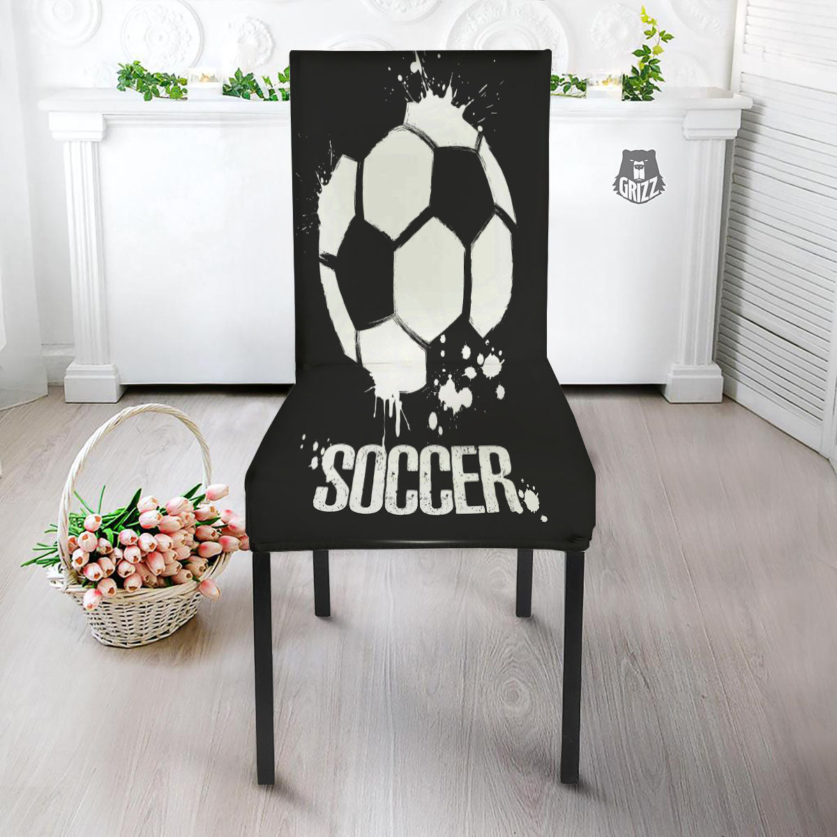 Soccer Ball White And Black Print Dining Chair Slipcover-grizzshop