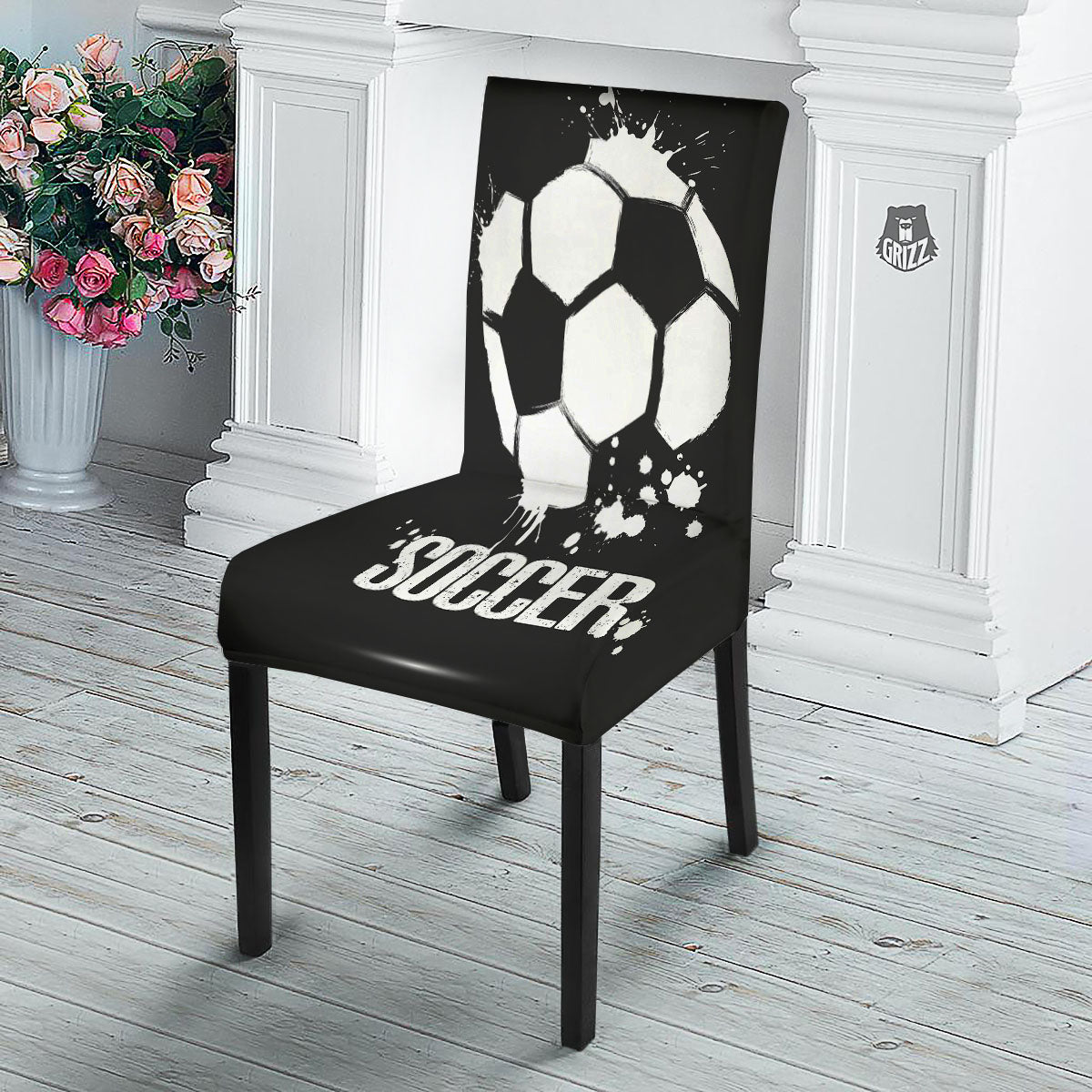 Soccer Ball White And Black Print Dining Chair Slipcover-grizzshop