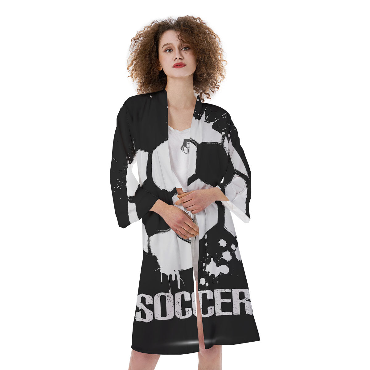 Soccer Ball White And Black Print Kimono-grizzshop