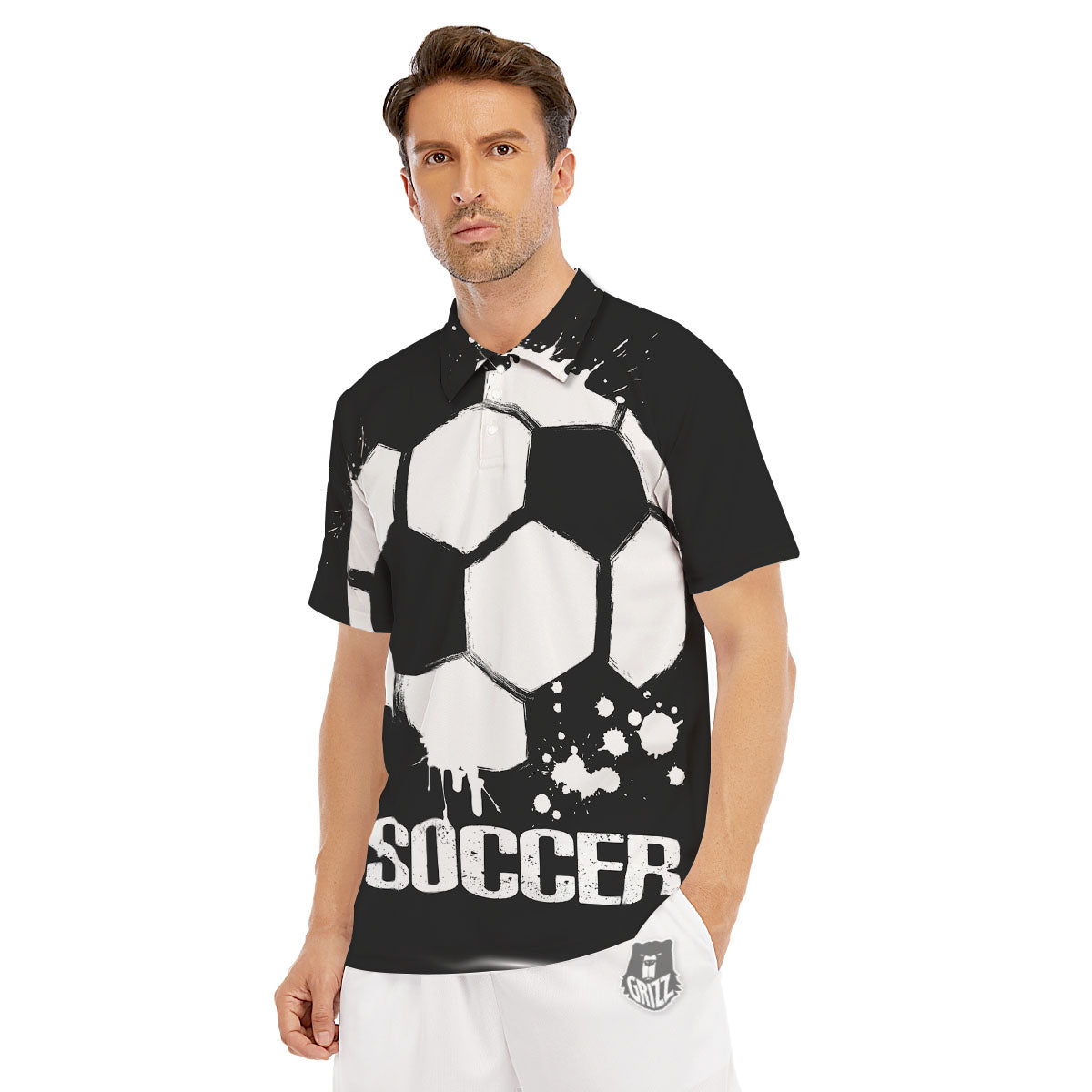 Soccer Ball White And Black Print Men's Golf Shirts-grizzshop