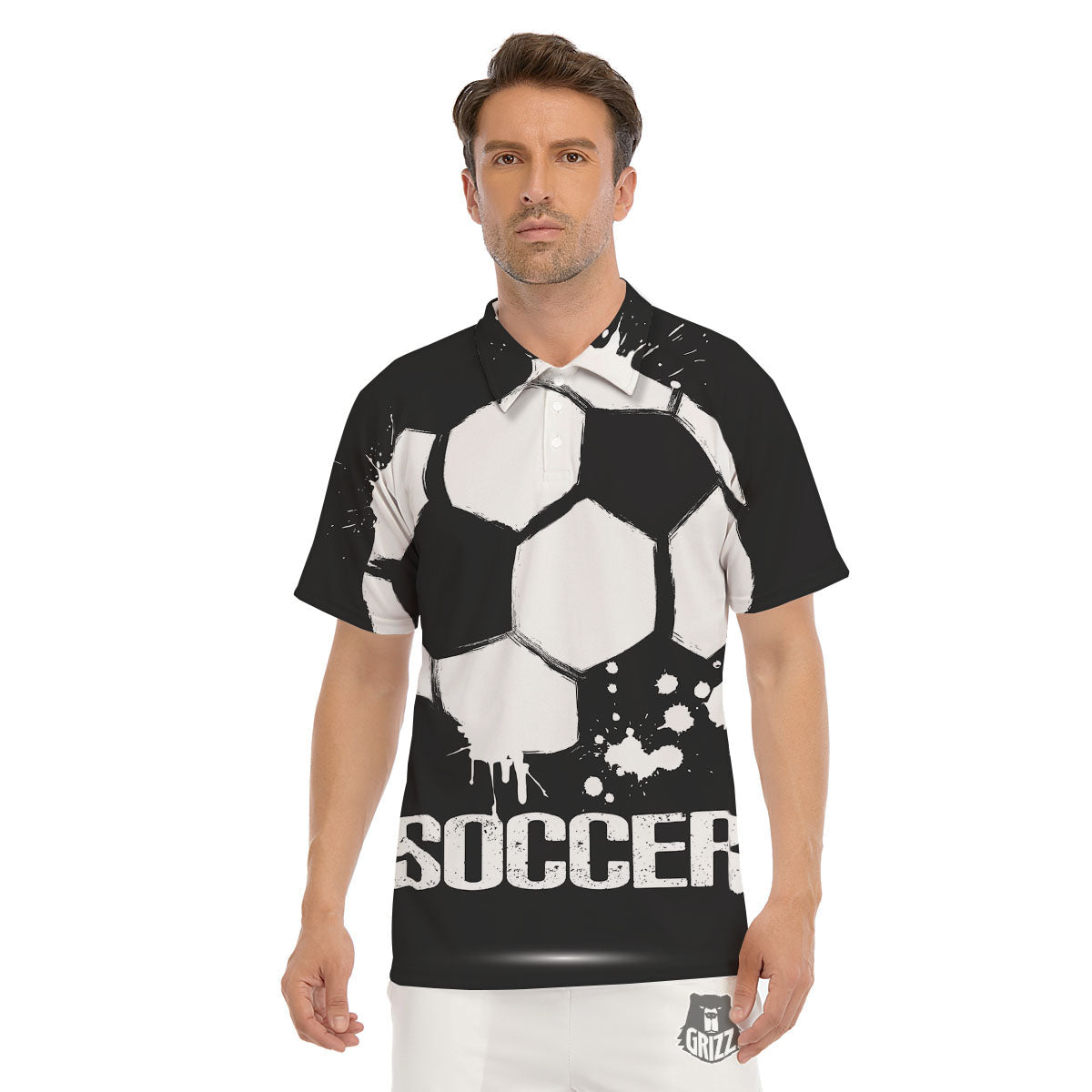 Soccer Ball White And Black Print Men's Golf Shirts-grizzshop