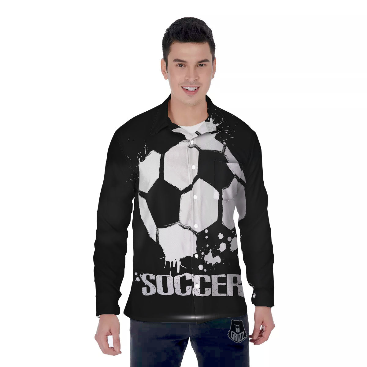 Soccer Ball White And Black Print Men's Long Sleeve Shirts-grizzshop