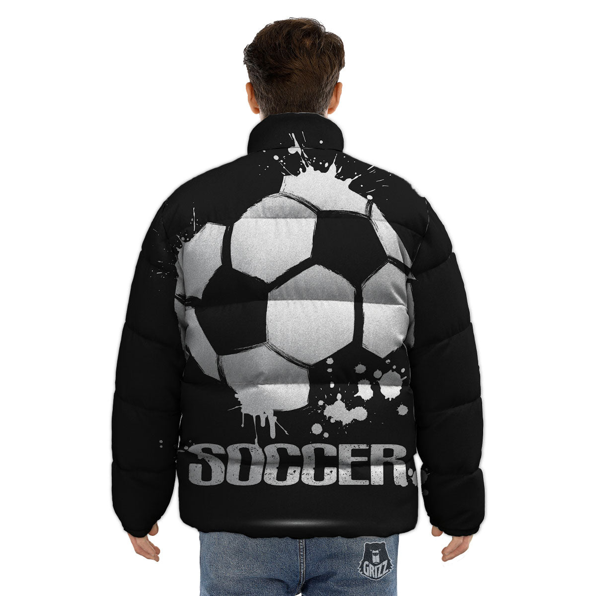 Soccer Ball White And Black Print Puffer Jacket-grizzshop