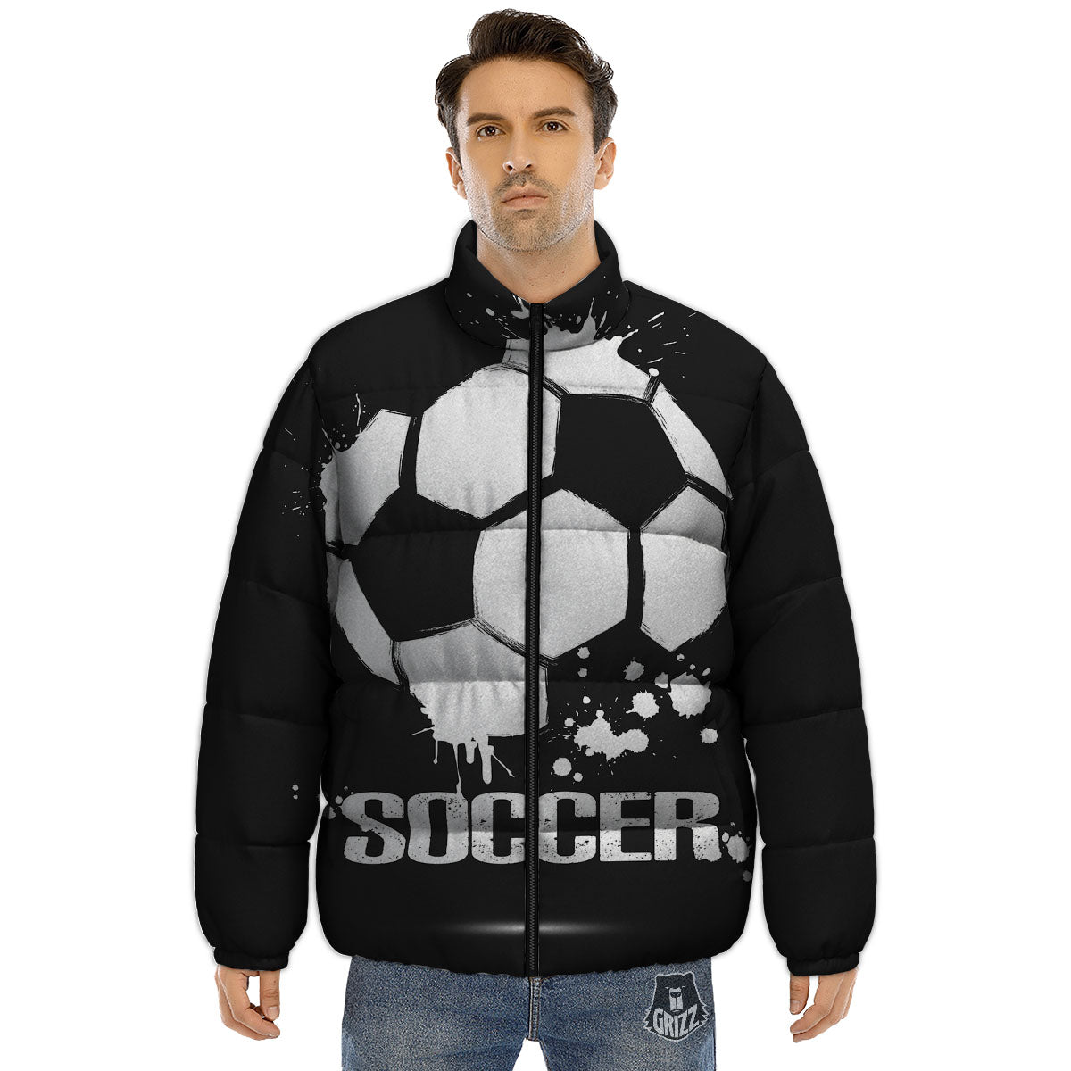 Soccer Ball White And Black Print Puffer Jacket-grizzshop