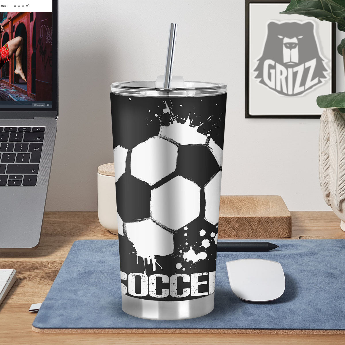 Soccer Ball White And Black Print Tumbler-grizzshop