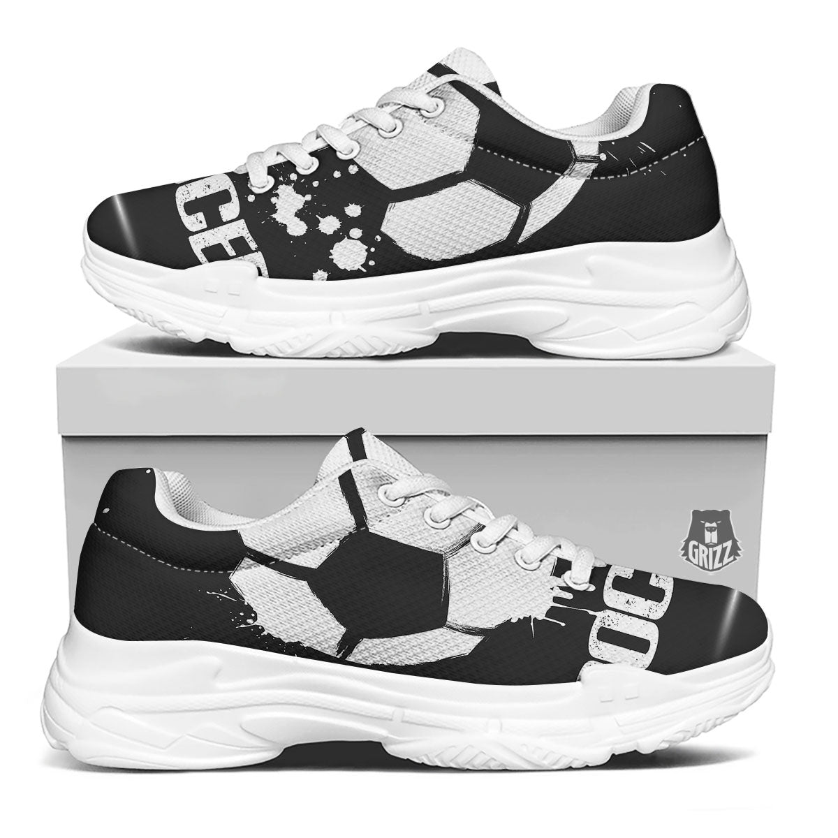 Soccer Ball White And Black Print White Chunky Shoes-grizzshop