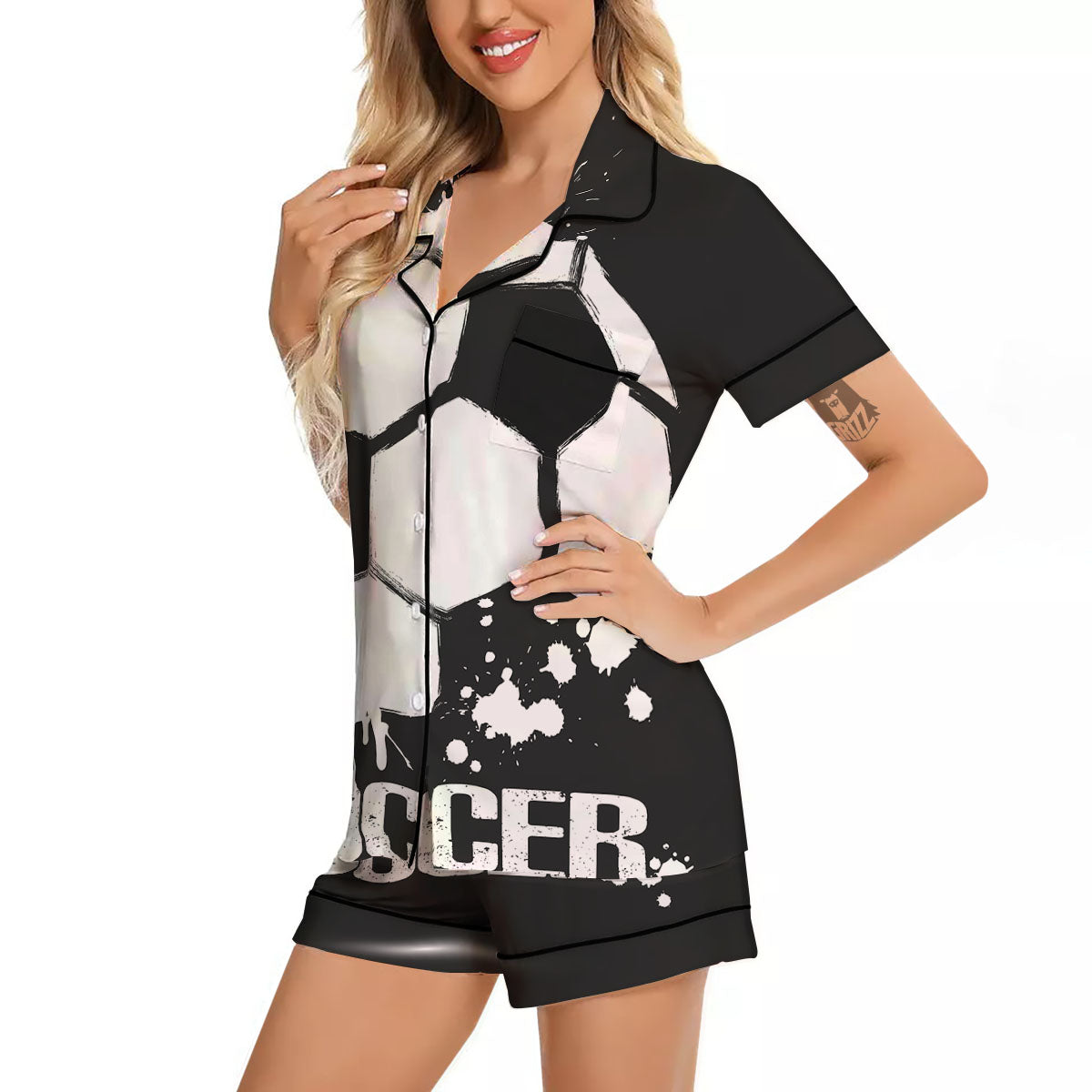 Soccer Ball White And Black Print Women Silk Pajamas-grizzshop