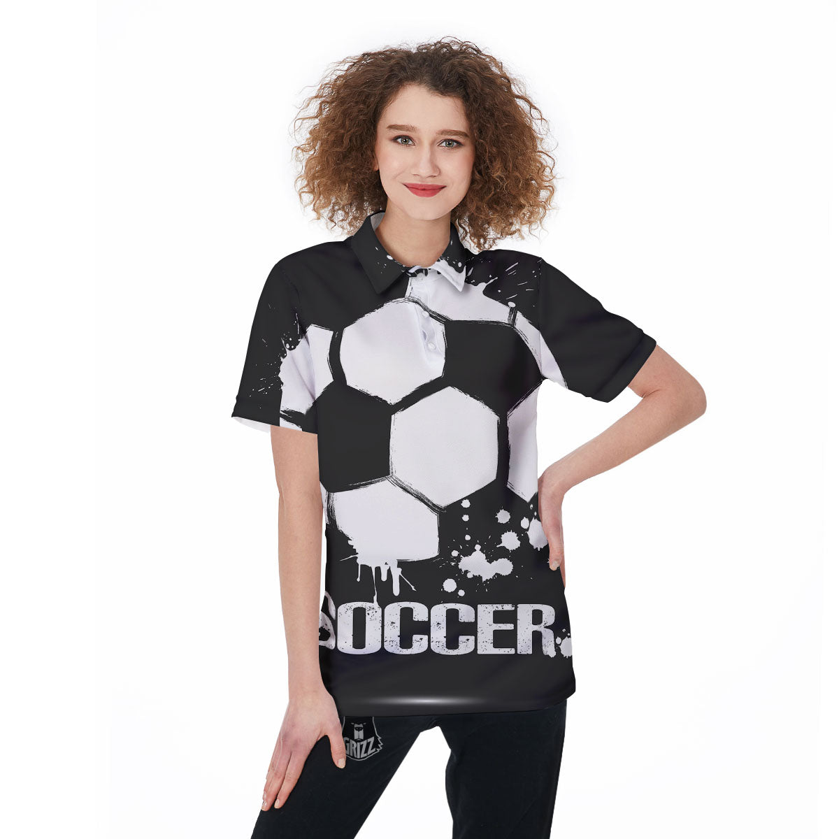 Soccer Ball White And Black Print Women's Golf Shirts-grizzshop