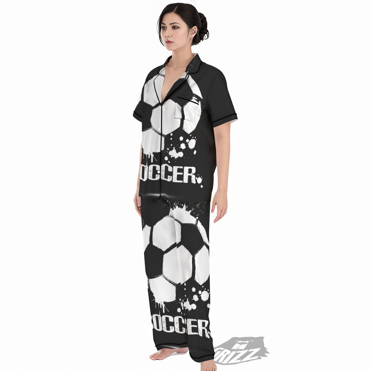 Soccer Ball White And Black Print Women's Pajamas Set-grizzshop