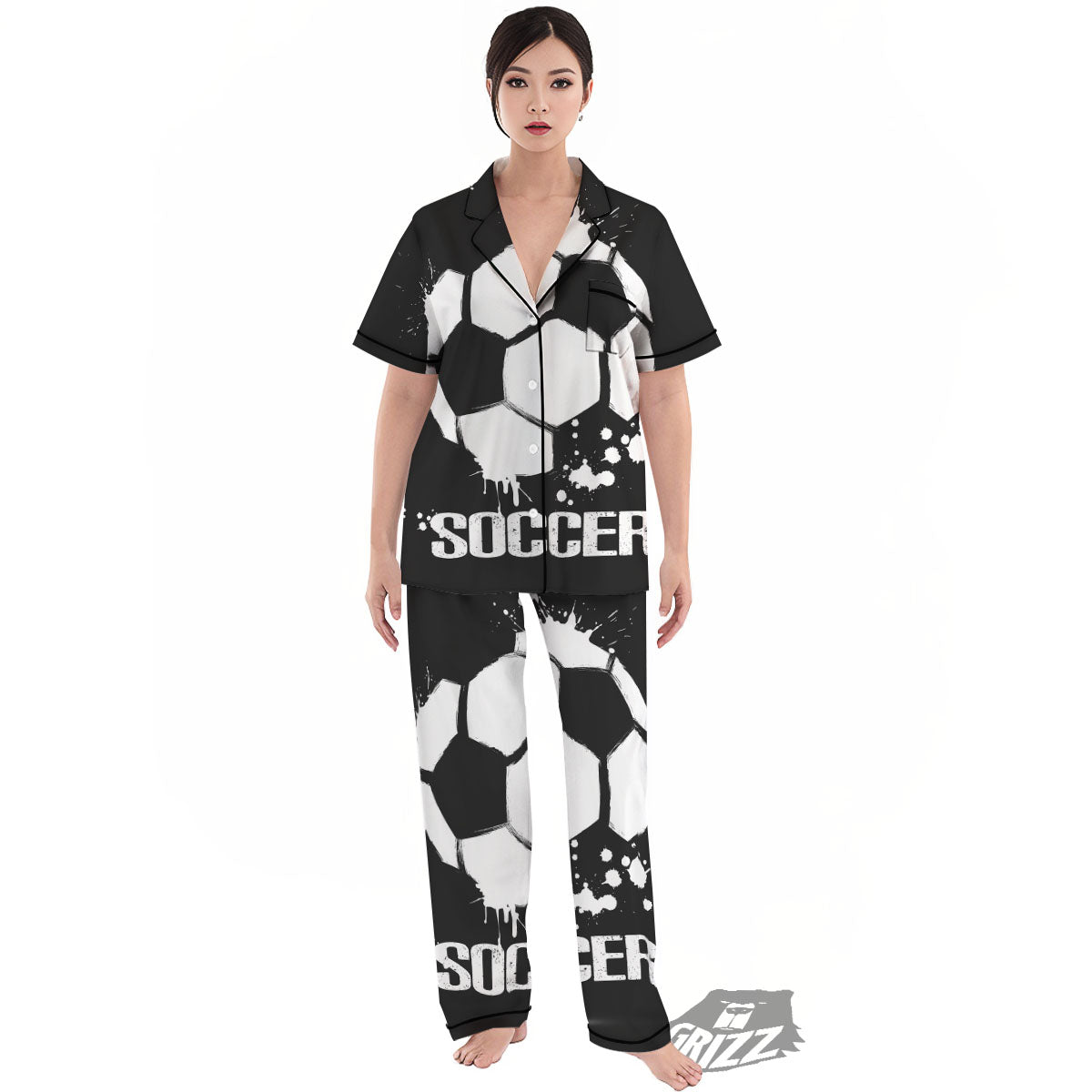 Soccer Ball White And Black Print Women's Pajamas Set-grizzshop