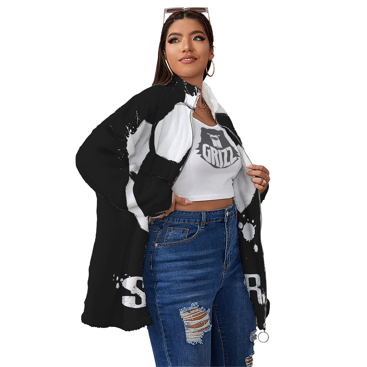 Soccer Ball White And Black Print Women's Sherpa Jacket-grizzshop