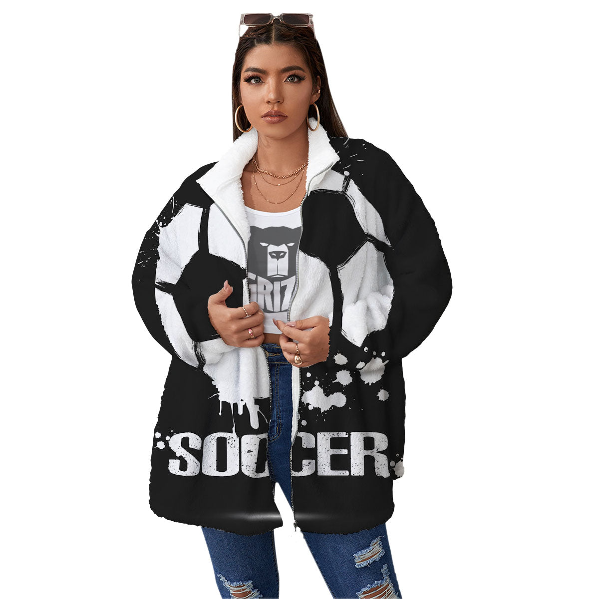 Soccer Ball White And Black Print Women's Sherpa Jacket-grizzshop