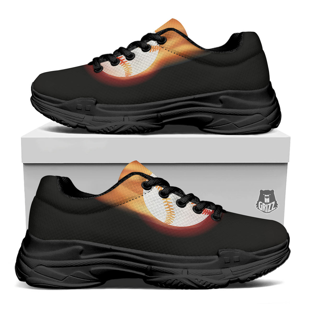 Softball Fireball Print Black Chunky Shoes-grizzshop