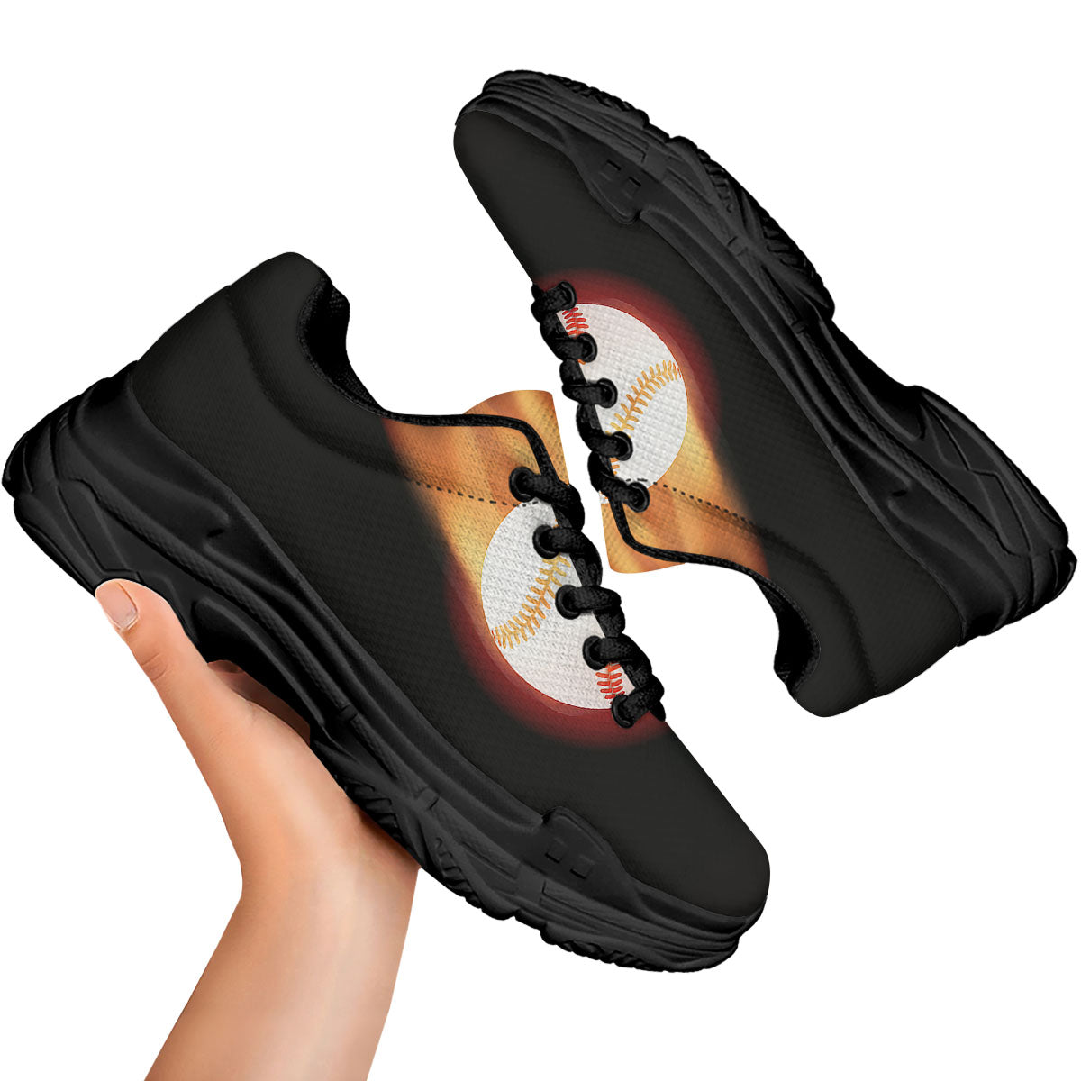 Softball Fireball Print Black Chunky Shoes-grizzshop