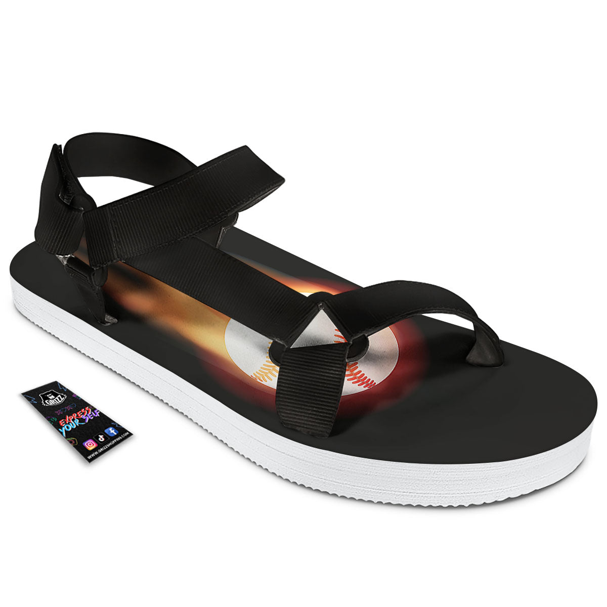 Softball Fireball Print Black Open Toe Sandals-grizzshop