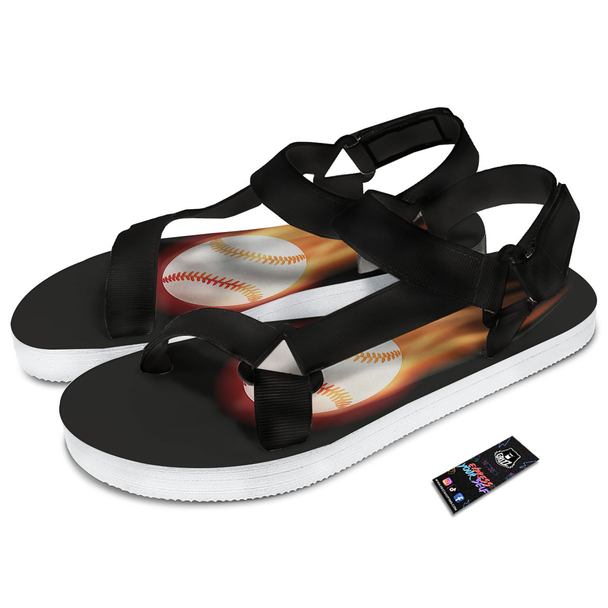 Softball Fireball Print Black Open Toe Sandals-grizzshop