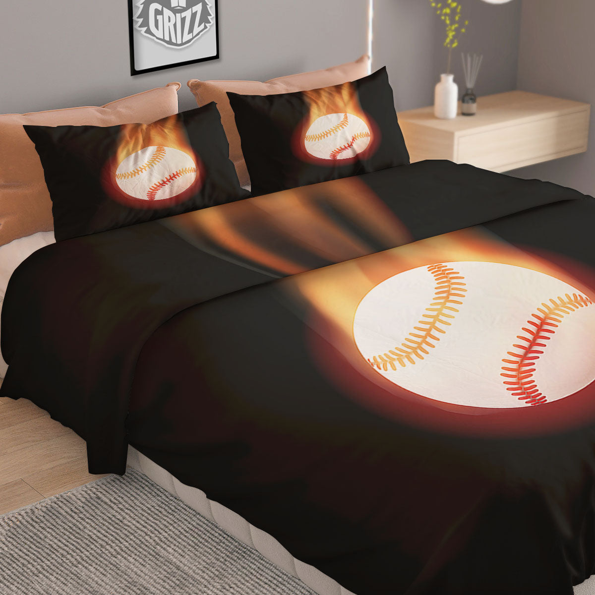 Softball Fireball Print Duvet Cover Bedding Set