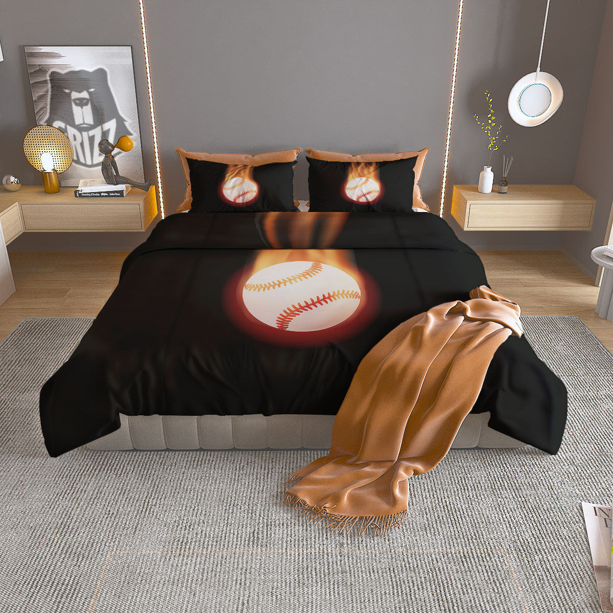Softball Fireball Print Duvet Cover Bedding Set