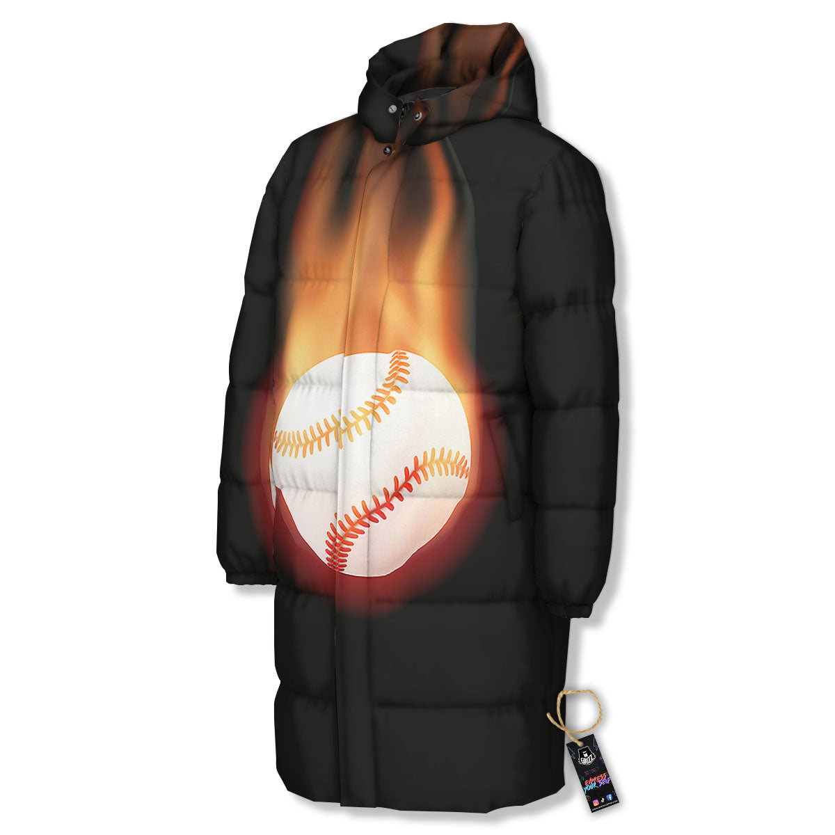 Softball Fireball Print Long Down Jacket-grizzshop