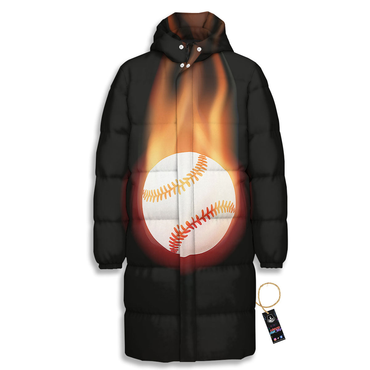 Softball Fireball Print Long Down Jacket-grizzshop