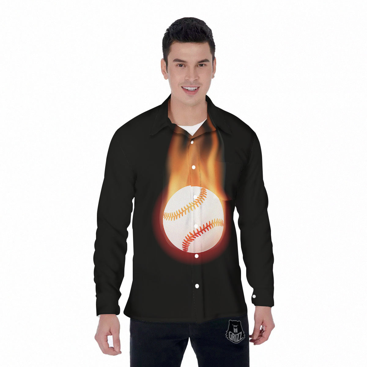 Softball Fireball Print Men's Long Sleeve Shirts-grizzshop
