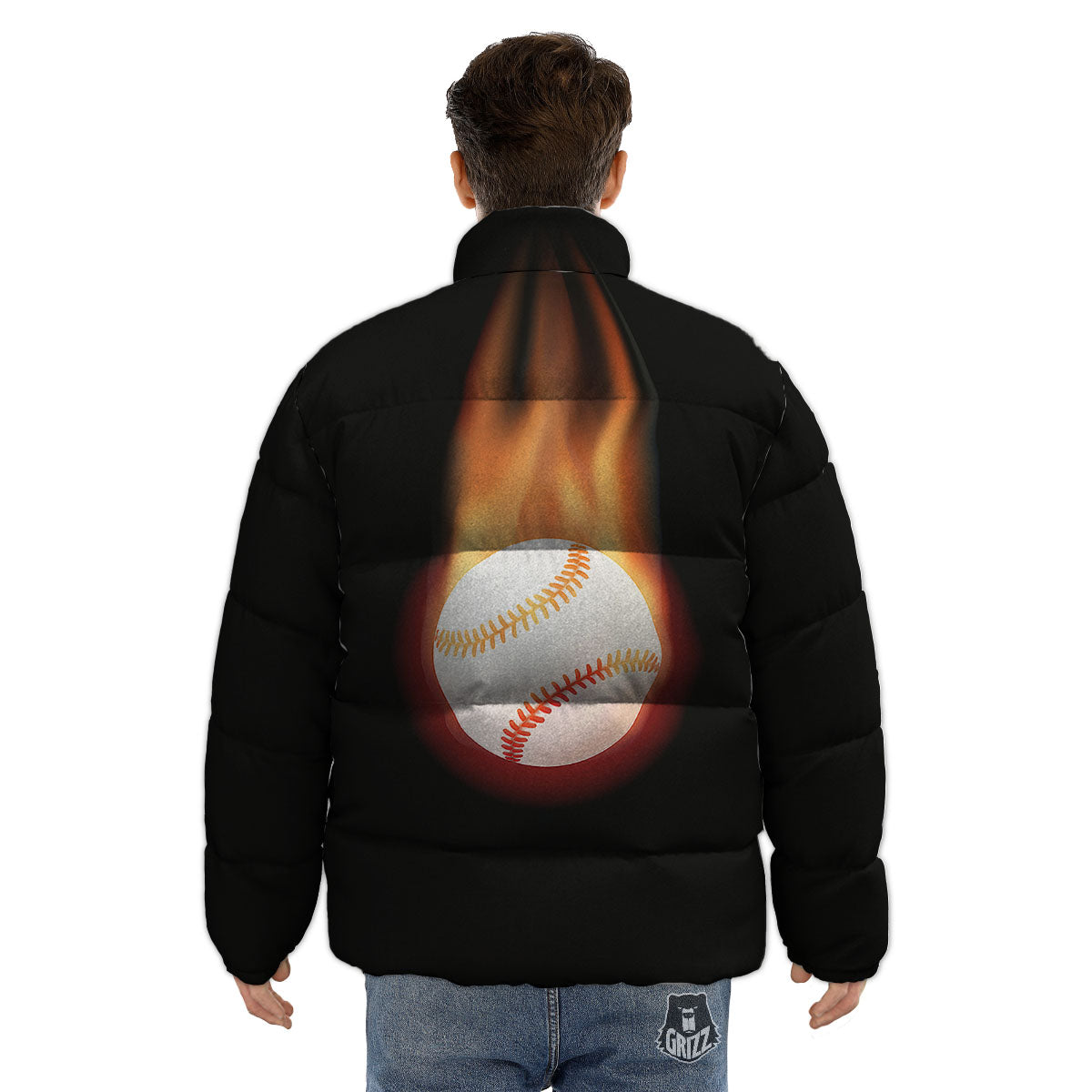 Softball Fireball Print Puffer Jacket-grizzshop