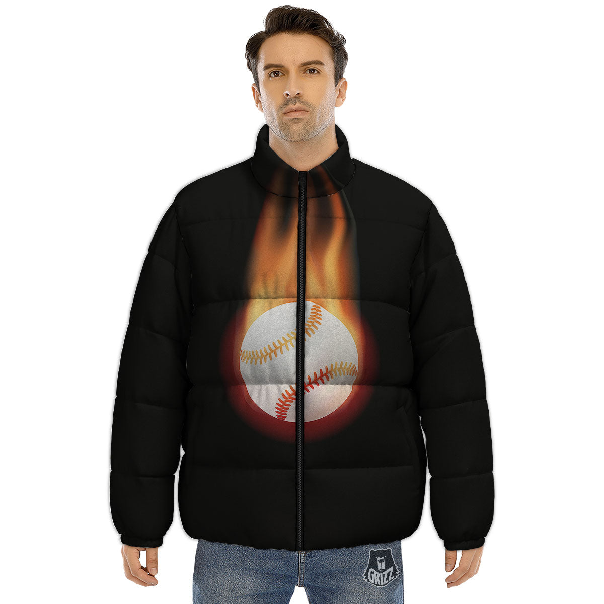 Softball Fireball Print Puffer Jacket-grizzshop
